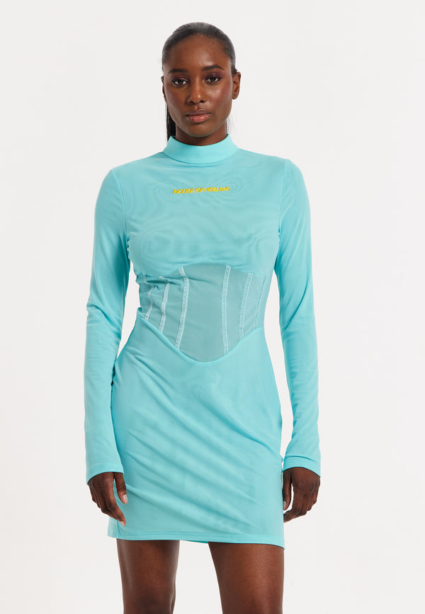 house of holland House of Holland Blue High Neck Corset Mini Dress