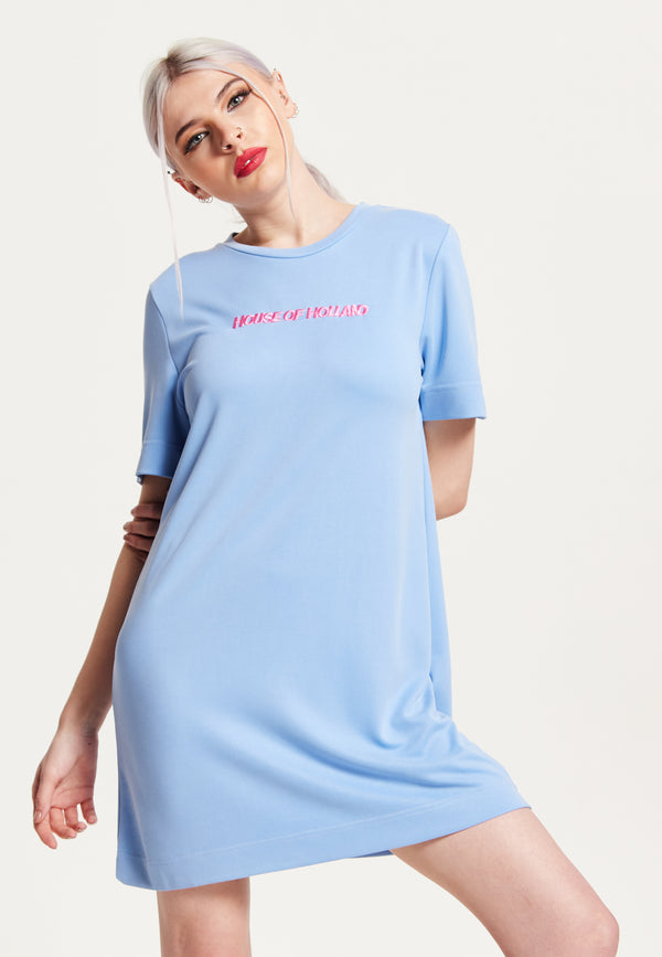 House Of Holland House Of Holland Blue Tencel T-Shirt Dress With Logo Embroidery
