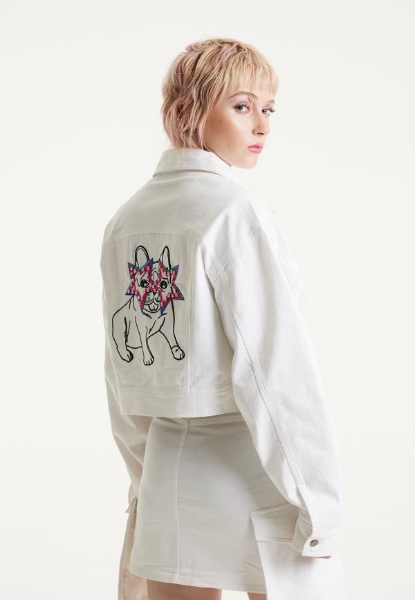 House Of Holland House Of Holland Bulldog Embroidered White Denim Jacket