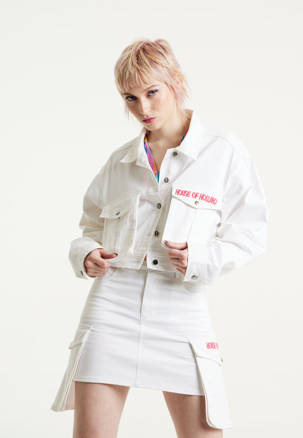 house of holland House Of Holland Bulldog Embroidered White Denim Jacket