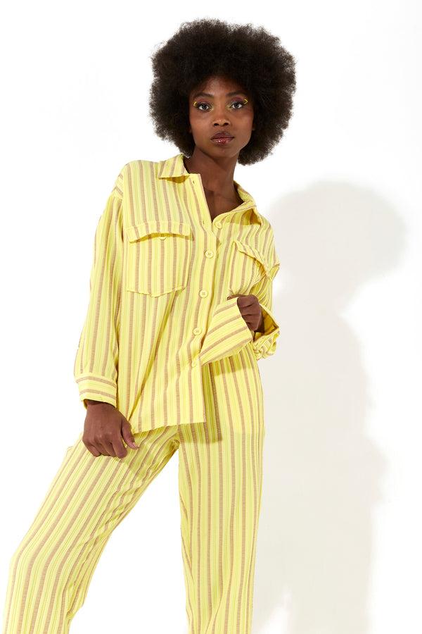 house of holland House of Holland Casual Stripe Suit Oversized Shirt in Yellow