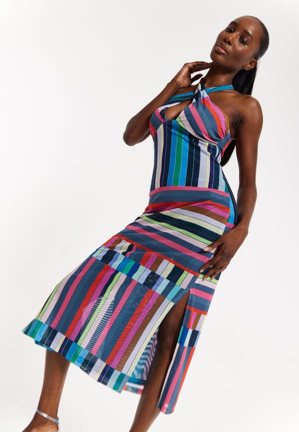 House Of Holland House Of Holland Colour Bar Halter Neck Midi Dress