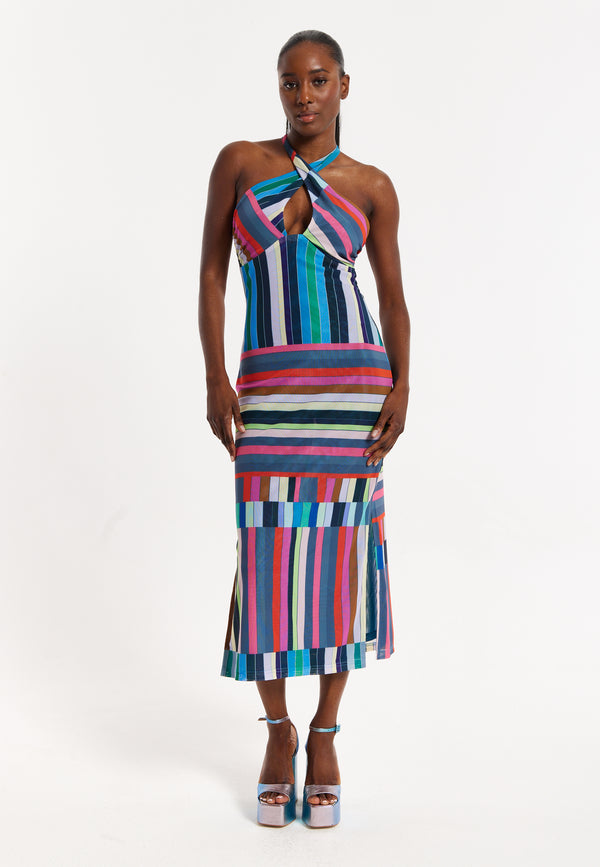 house of holland House of Holland Colour Bar Halter Neck Midi Dress