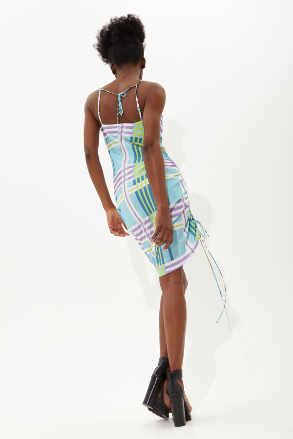 House Of Holland House Of Holland Cowl Neck Check Mini Dress With Adjustable Ruched Sides