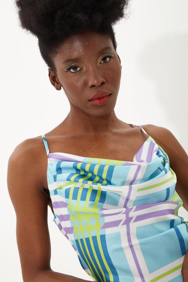 House Of Holland House Of Holland Cowl Neck Check Mini Dress With Adjustable Ruched Sides