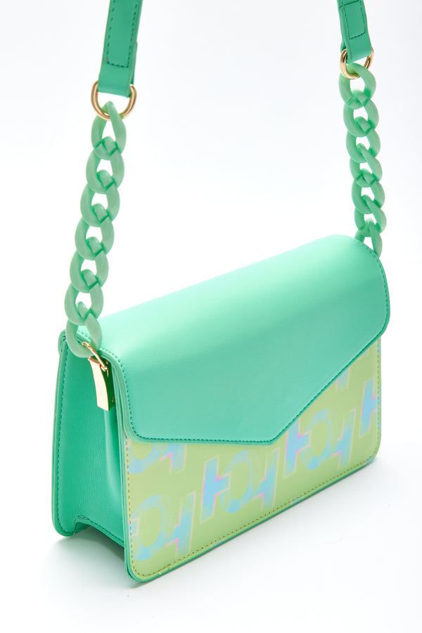 House Of Holland House Of Holland Cross Body Bag In Mint And Pistachio With A Logo Print And Chain Detail Strap