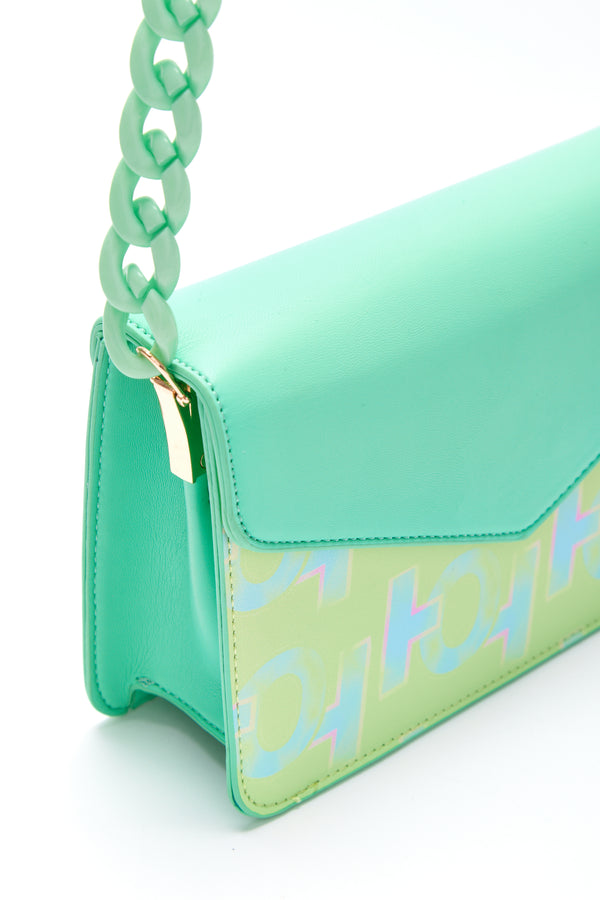 House Of Holland House Of Holland Cross Body Bag In Mint And Pistachio With A Logo Print And Chain Detail Strap