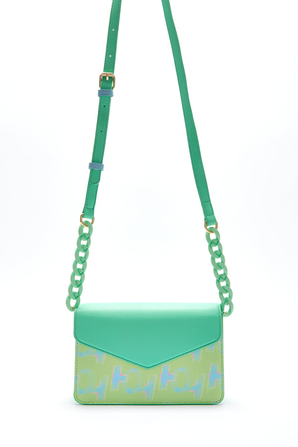 house of holland House Of Holland Cross Body Bag In Mint And Pistachio With A Logo Print And Chain Detail Strap