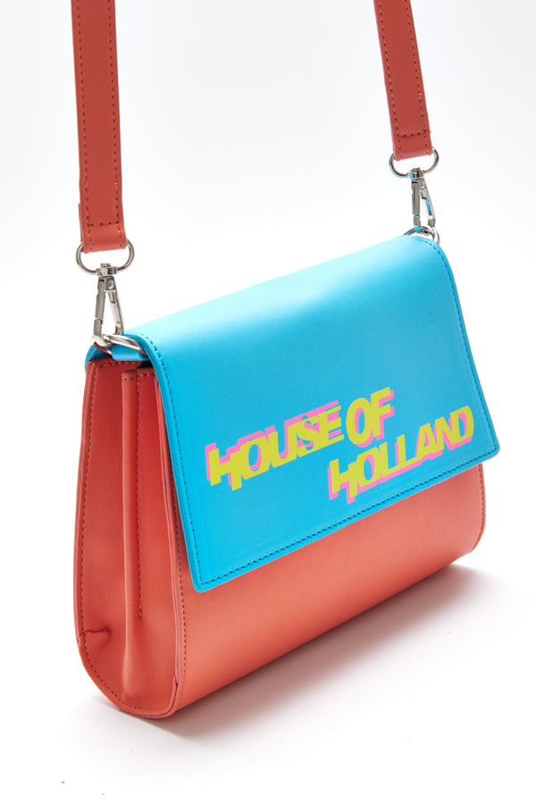 House Of Holland House Of Holland Cross Body Bag In Orange And Blue With A Printed Logo