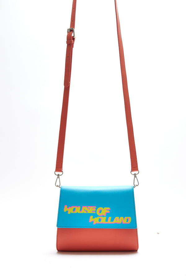 house of holland House Of Holland Cross Body Bag In Orange And Blue With A Printed Logo