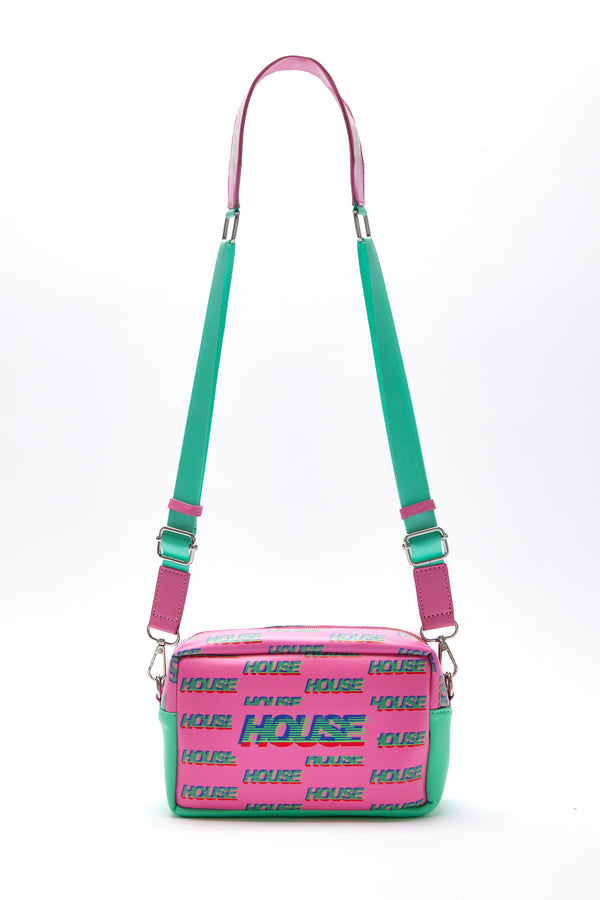 house of holland House Of Holland Cross Body Bag In Pink And Mint With ‘House’ Print