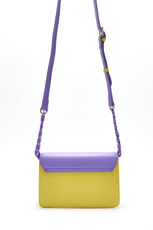House Of Holland House Of Holland Cross Body Bag In Purple And Yellow With A Chain Detail Strap And Printed Logo