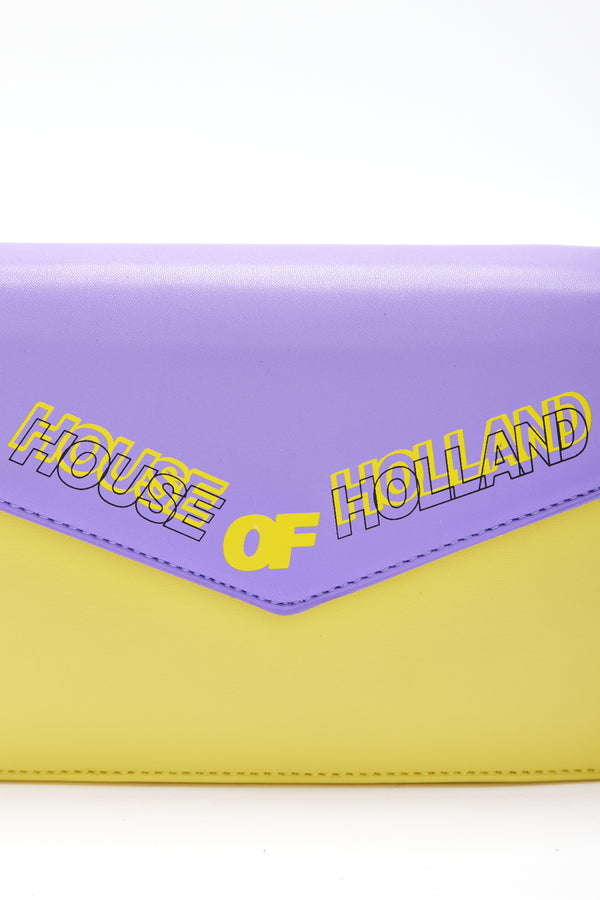 House Of Holland House Of Holland Cross Body Bag In Purple And Yellow With A Chain Detail Strap And Printed Logo