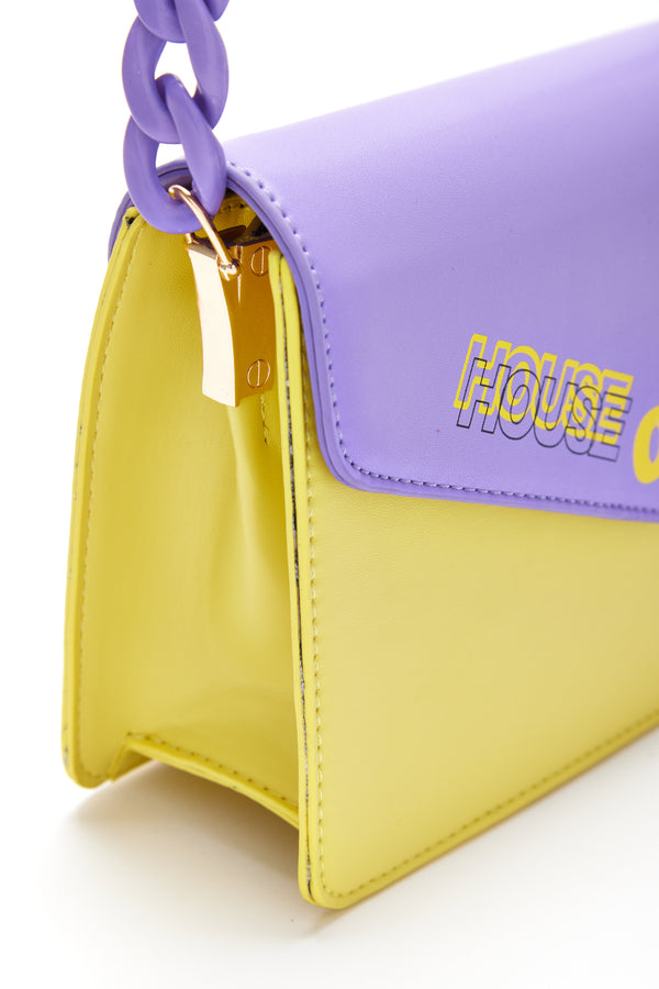 House Of Holland House Of Holland Cross Body Bag In Purple And Yellow With A Chain Detail Strap And Printed Logo