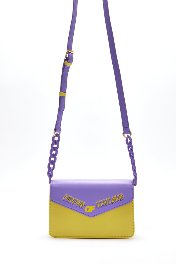 house of holland House Of Holland Cross Body Bag In Purple And Yellow With A Chain Detail Strap And Printed Logo