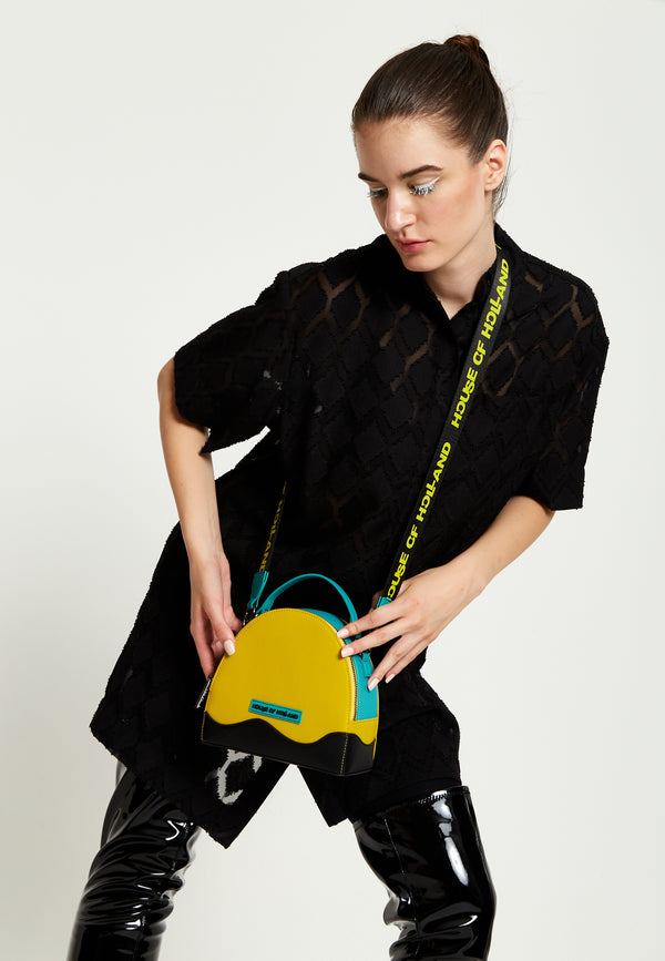 house of holland House Of Holland Cross Body Bag In Yellow Black And Blue With Printed Logo