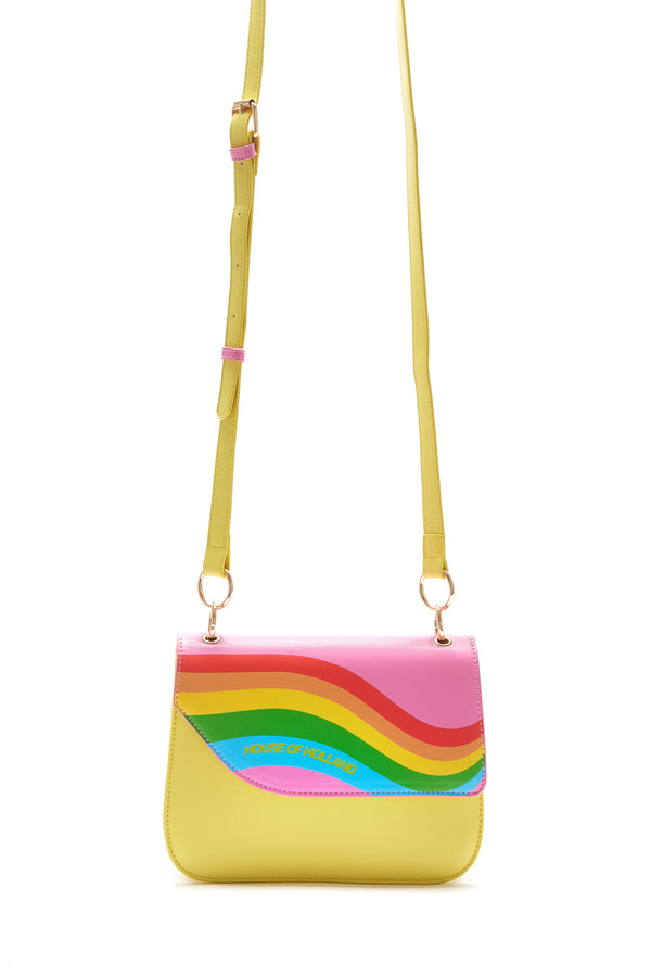 house of holland House Of Holland Cross Body Bag In Yellow With A Rainbow Print Flap