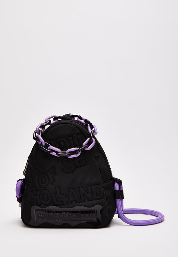 House Of Holland House Of Holland Cross Body Bag With Quilted Logo In Black And Purple And Rope Strap Detail