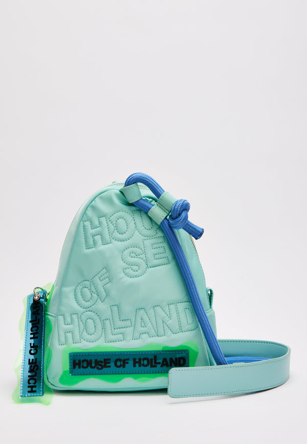 House Of Holland House Of Holland Cross Body Bag With Quilted Logo In Blue Tones And Rope Strap Detail