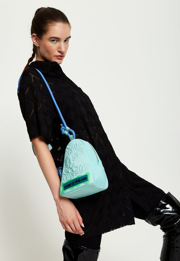 house of holland House Of Holland Cross Body Bag With Quilted Logo In Blue Tones And Rope Strap Detail