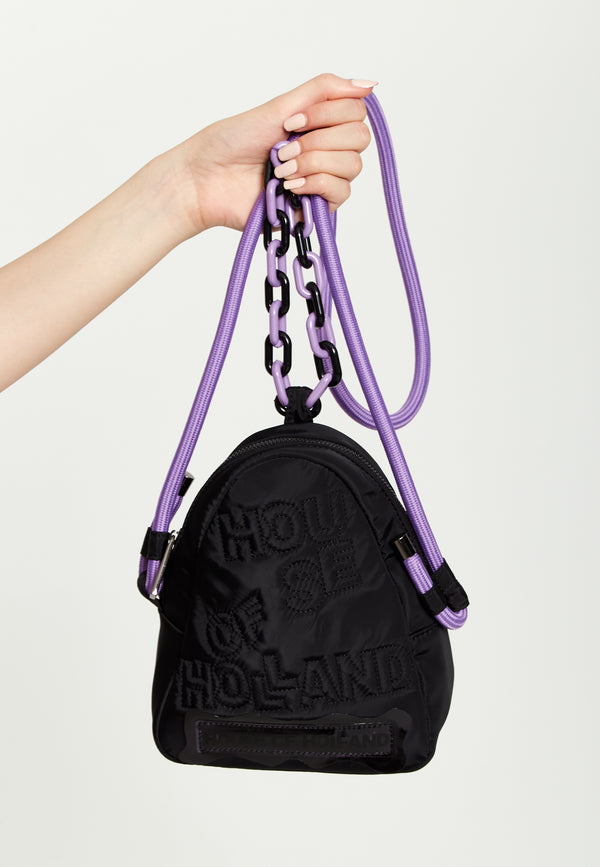 house of holland House Of Holland Cross Body Bag With Quilted Logo In Black And Purple And Rope Strap Detail