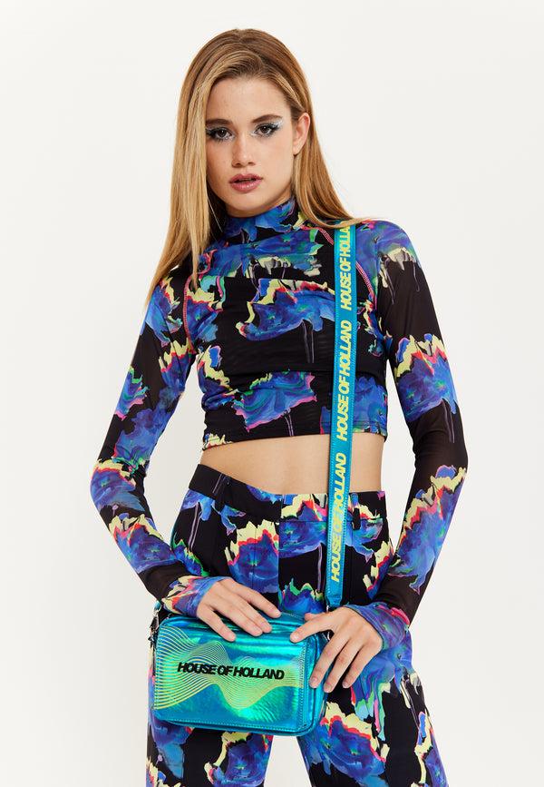 house of holland House of Holland Cyber Wave Blue Metallic Crossbody Bag