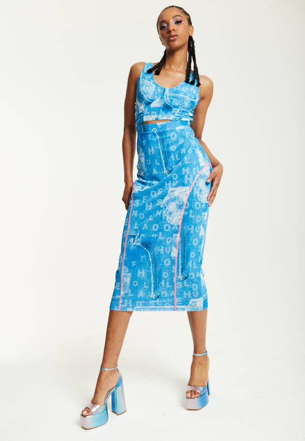 House Of Holland House Of Holland Denim Print Midi Dress With Cut Out Detail