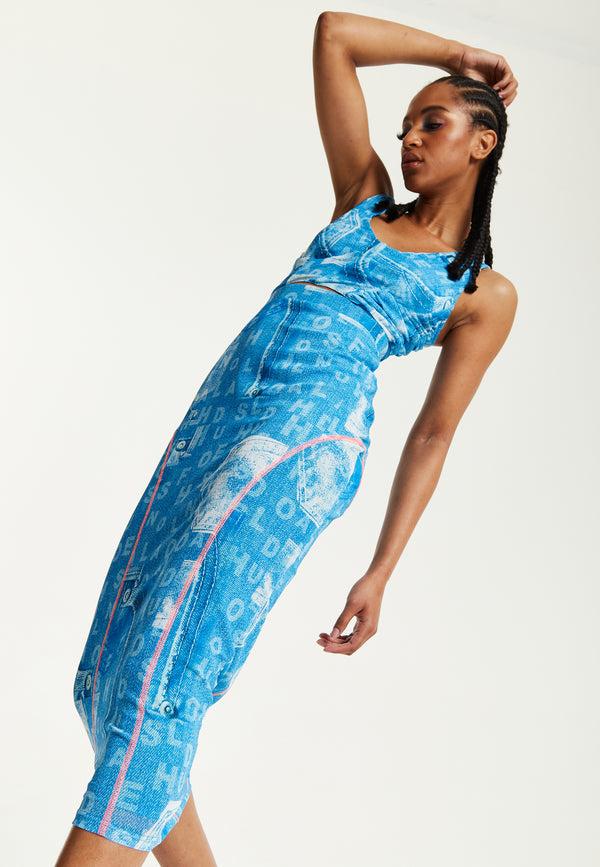 House Of Holland House Of Holland Denim Print Midi Dress With Cut Out Detail