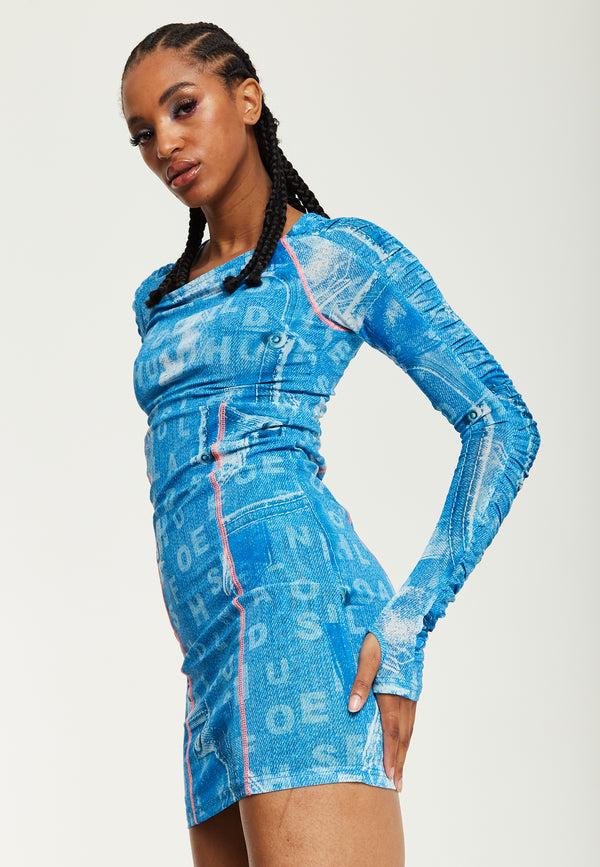 House Of Holland House Of Holland Denim Print Mini Dress