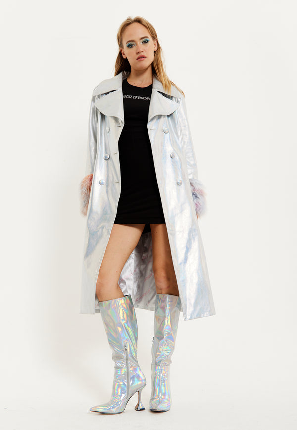 House Of Holland House Of Holland Fur Cuff Iridescent Trench Coat