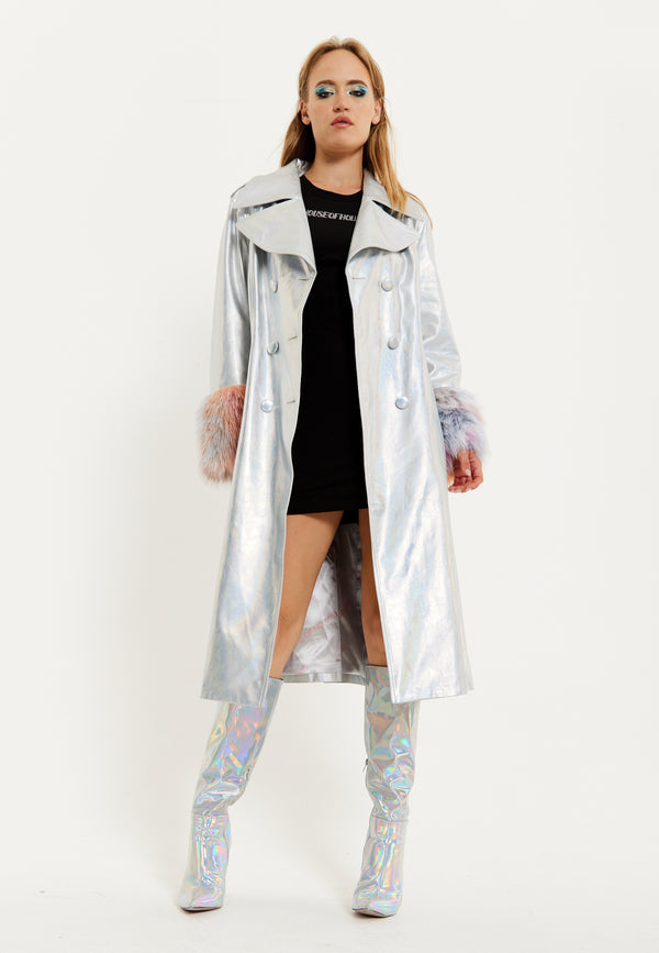 House Of Holland House Of Holland Fur Cuff Iridescent Trench Coat