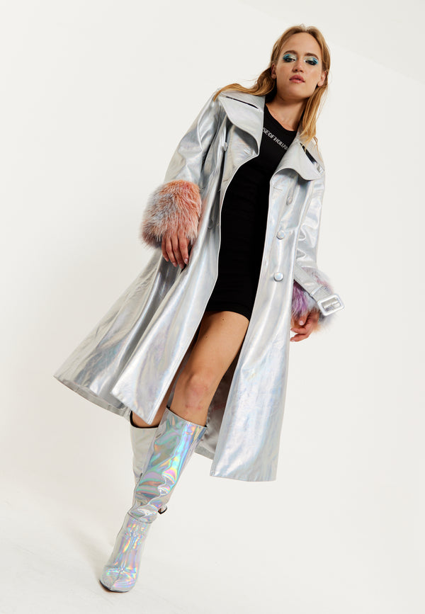 house of holland House Of Holland Fur Cuff Iridescent Trench Coat