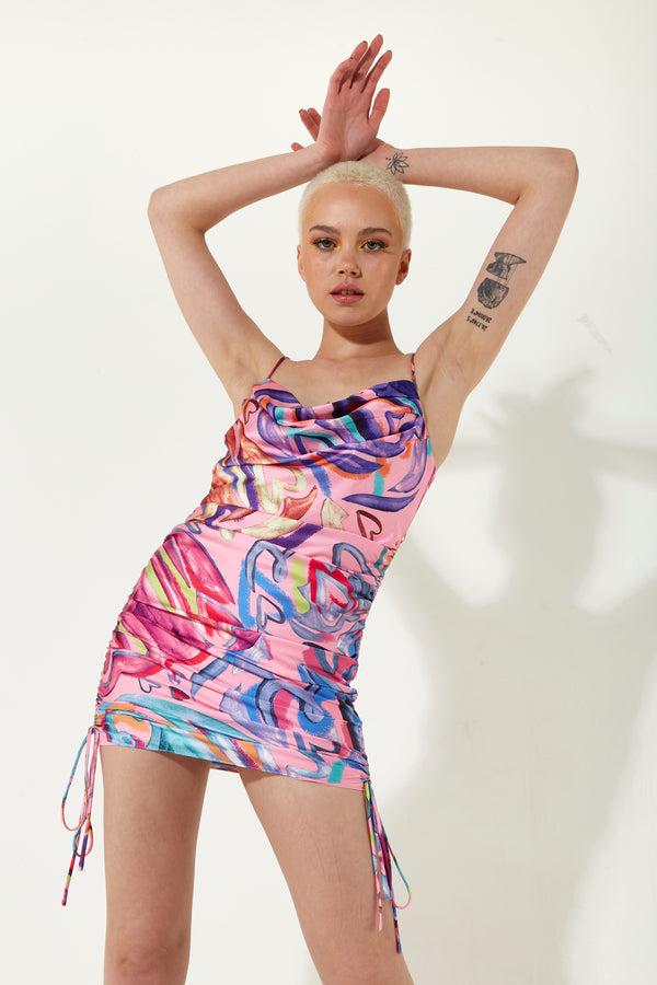 House Of Holland House Of Holland Heart Print Cowl Neck Mini Dress With Adjustable Ruched Sides