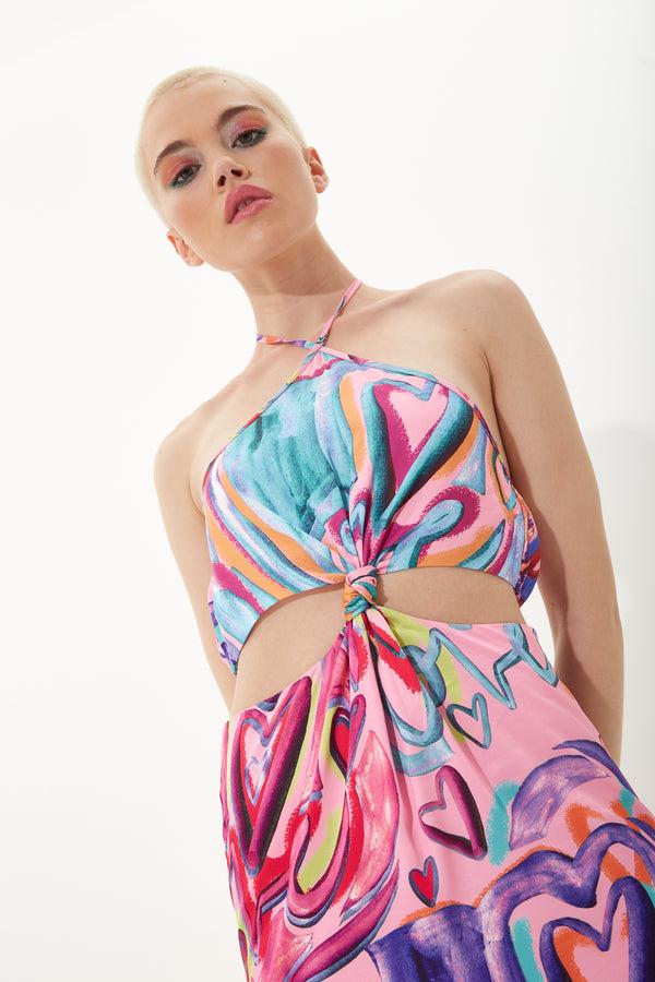 House Of Holland House Of Holland Heart Print Midi Dress With A Waist And Back Knotted Cut Out And Tied Neck