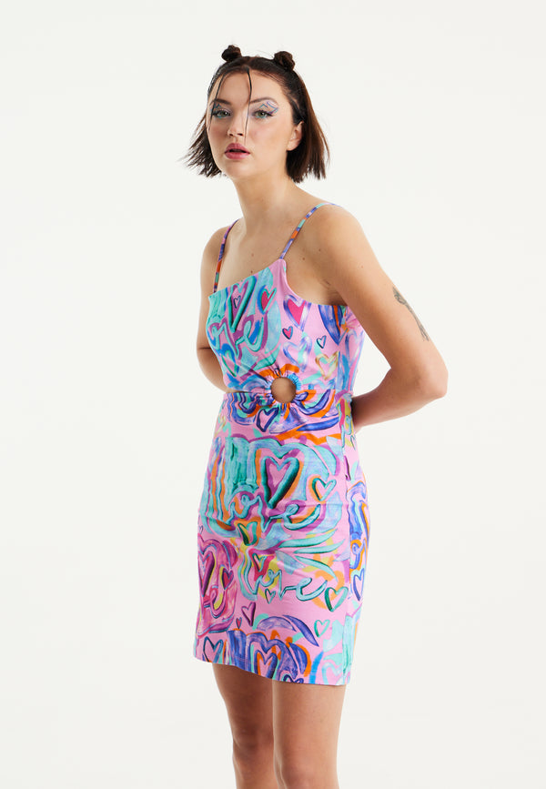 House Of Holland House Of Holland Heart Printed Jersey Mini Dress With Cut Out Details In Pink