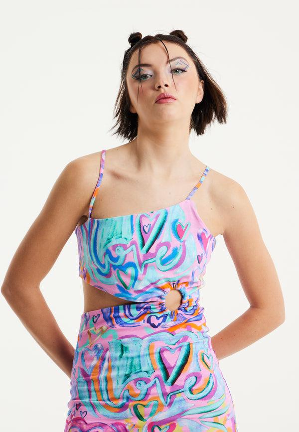 House Of Holland House Of Holland Heart Printed Jersey Mini Dress With Cut Out Details In Pink