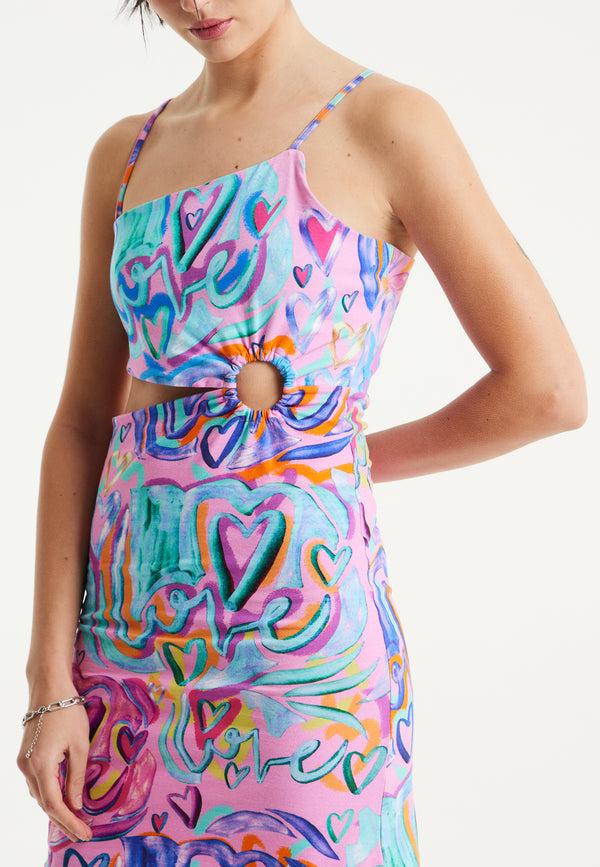 House Of Holland House Of Holland Heart Printed Jersey Mini Dress With Cut Out Details In Pink