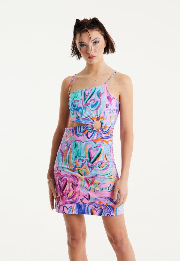 house of holland House Of Holland Heart Printed Jersey Mini Dress With Cut Out Details in Pink
