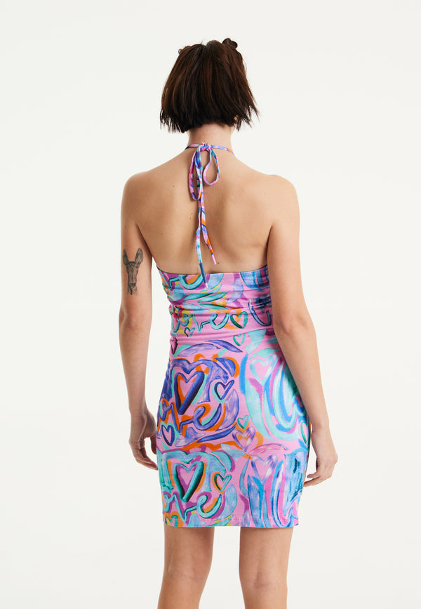 House Of Holland House Of Holland Heart Printed Mini Jersey Dress In Pink