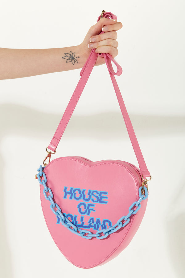 House Of Holland House Of Holland Heart Shape Cross Body Bag In Pink With A Chain Detail And Printed Logo