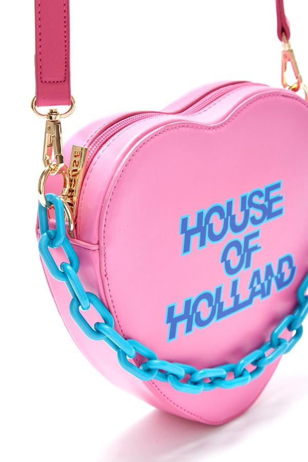 House Of Holland House Of Holland Heart Shape Cross Body Bag In Pink With A Chain Detail And Printed Logo