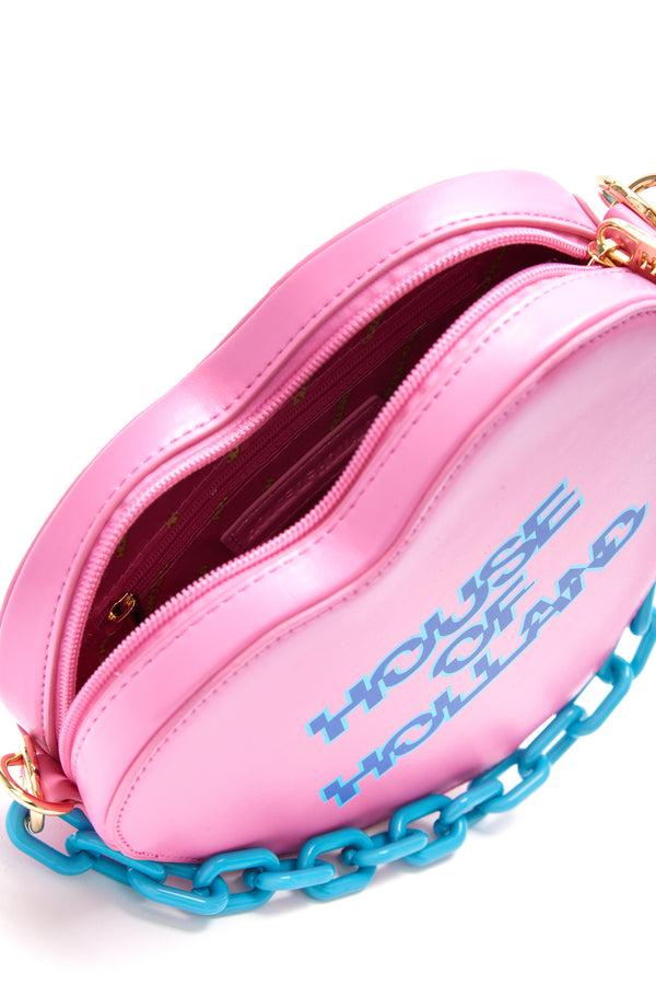 House Of Holland House Of Holland Heart Shape Cross Body Bag In Pink With A Chain Detail And Printed Logo