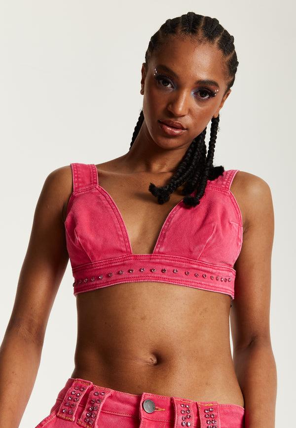 House Of Holland House Of Holland Hot Pink Denim Studded Bralette