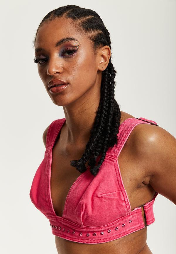 House Of Holland House Of Holland Hot Pink Denim Studded Bralette