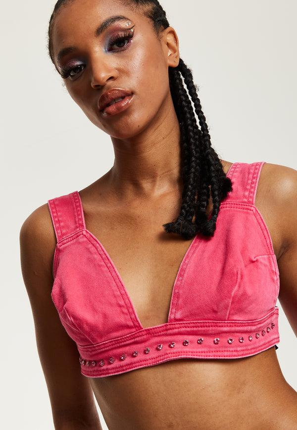 house of holland House of Holland Hot Pink Denim Studded Bralette house of holland House of Holland Hot Pink Denim Studded Bralette