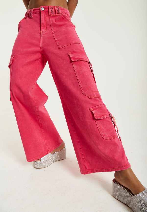 House Of Holland House Of Holland Hot Pink Denim Wide Leg Cargo Trousers