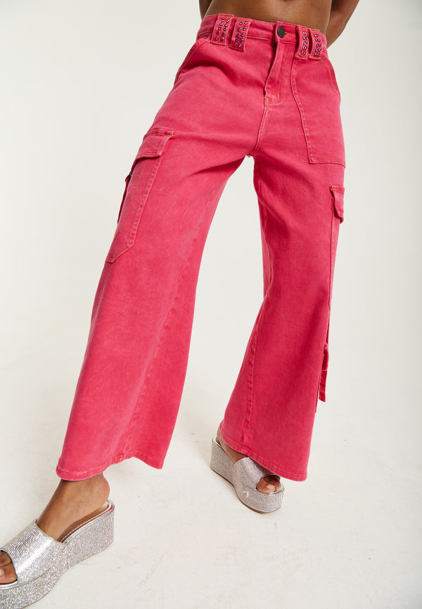 House Of Holland House Of Holland Hot Pink Denim Wide Leg Cargo Trousers