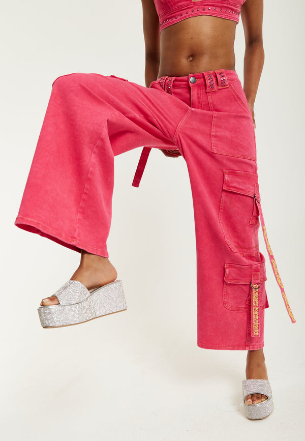 House Of Holland House Of Holland Hot Pink Denim Wide Leg Cargo Trousers