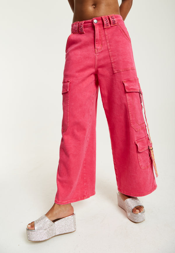 house of holland House of Holland Hot Pink Denim Wide Leg Cargo Trousers house of holland House of Holland Hot Pink Denim Wide Leg Cargo Trousers