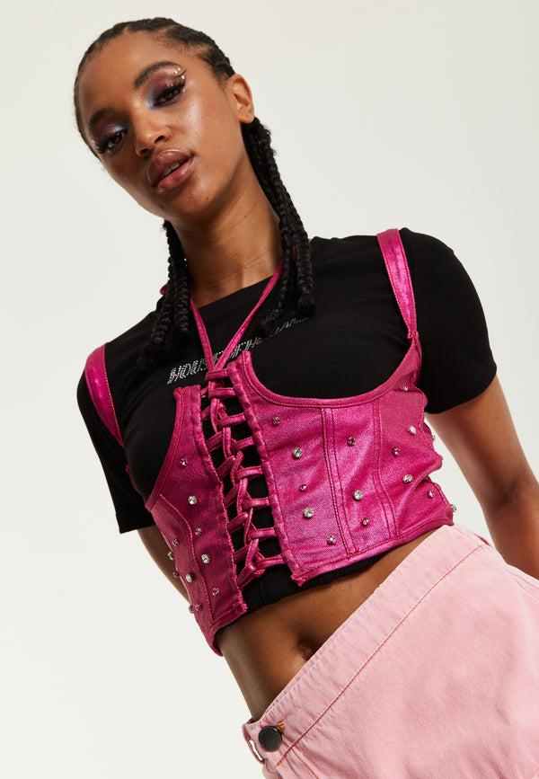 house of holland House of Holland Hot Pink Studded Corset Top house of holland House of Holland Hot Pink Studded Corset Top